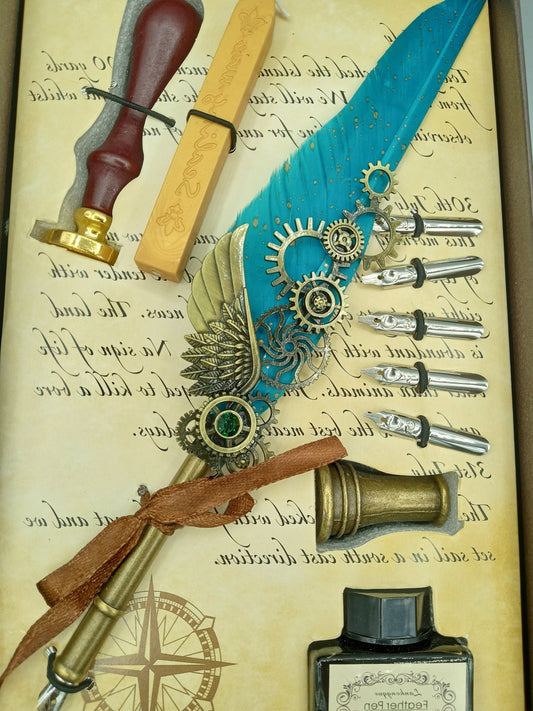 Aqua Blue Calligraphy Feather Pen Box Set
