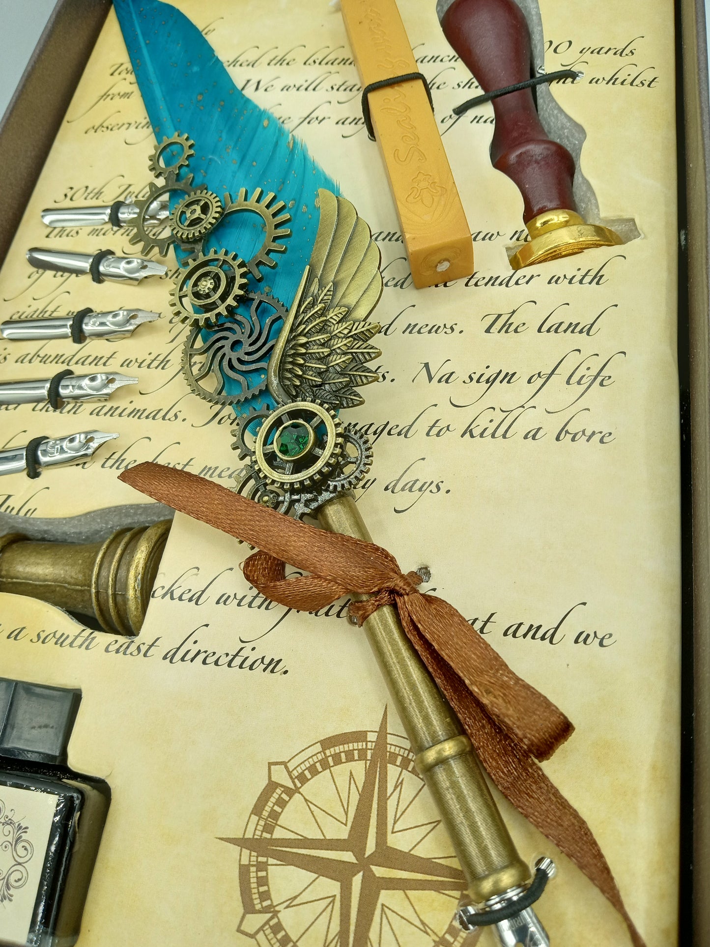 Aqua Blue Calligraphy Feather Pen Box Set