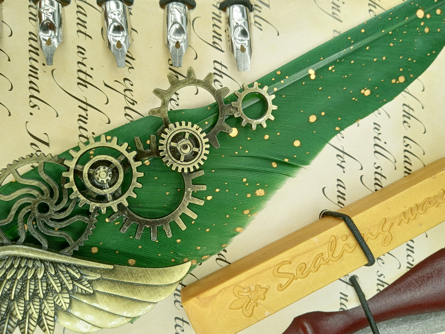 Green Calligraphy Feather Pen Box Set