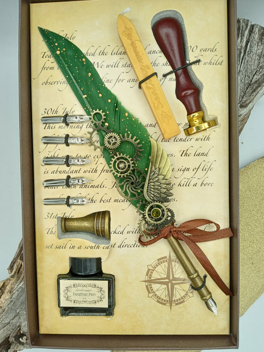 Green Calligraphy Feather Pen Box Set