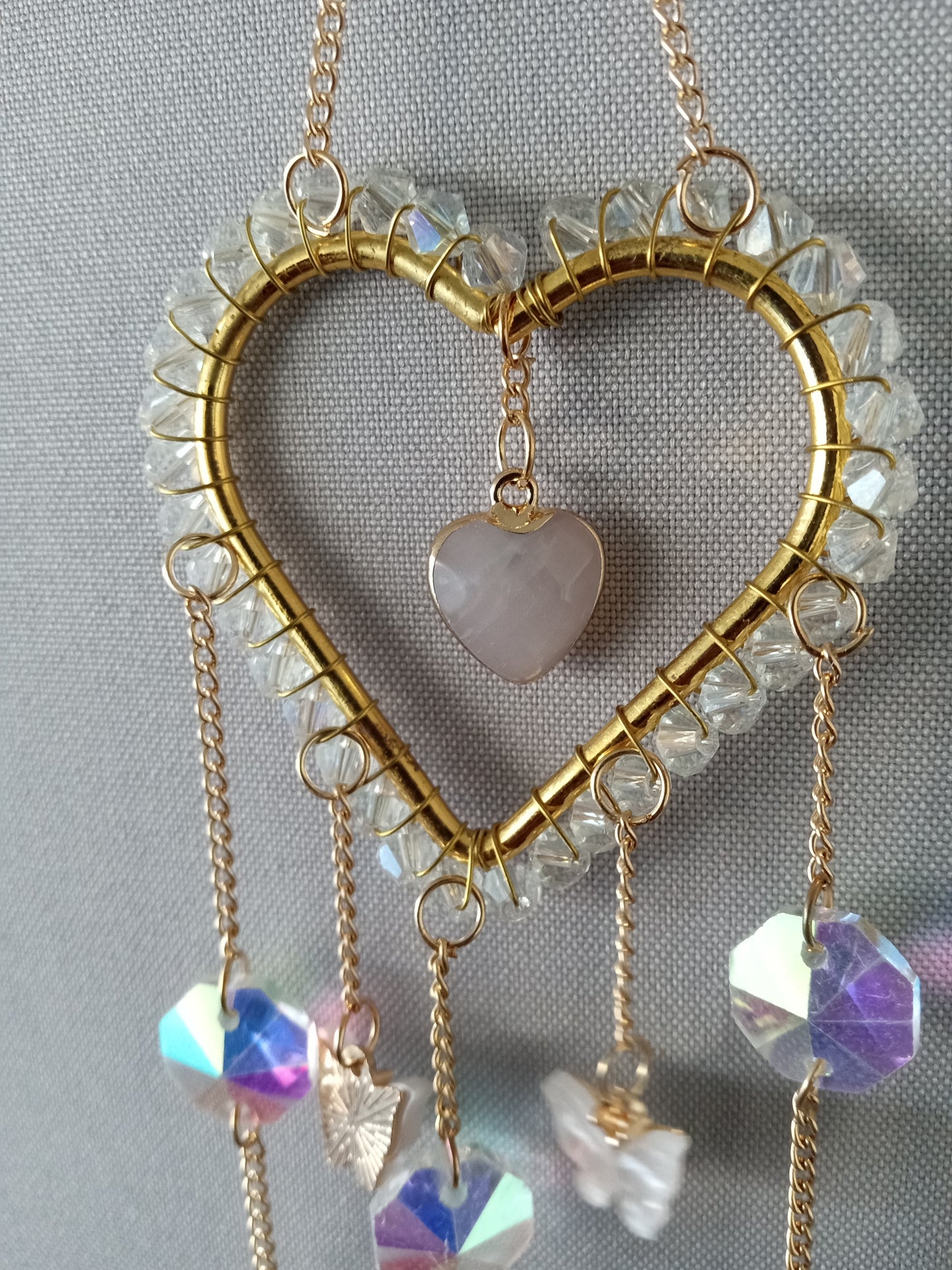 Gold Toned Butterfly and Sun Catching Heart Hanging Ornament